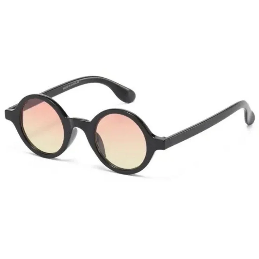 Mens Retro Round Sunglasses Black Frame Orange Yellow Lens Circular Shade Trendy